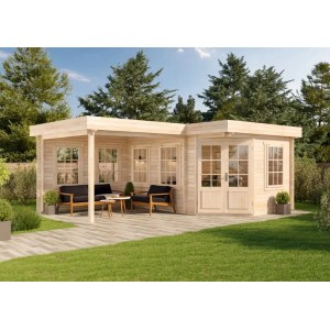 Alpholz 5-Eck Gartenhaus Pepe mit Flachdach und überdachter Terrasse im Garten.