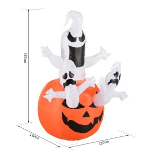 Aufblasbarer Kürbis Geist mit LED Beleuchtung, 180cm hoch, orangefarbener Kürbis mit drei weißen Geistern für Halloween Deko.