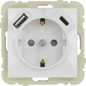 Weiße Logus Steckdose mit USB-A und USB-C Anschluss für Innenräume.