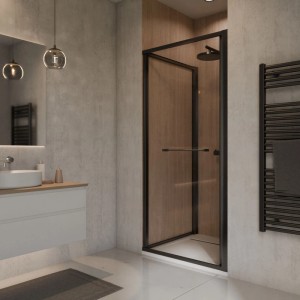 Moderne Nischendusche mit Schwenk Schiebetür, Klarglas und mattschwarzen Profilen im Bad.