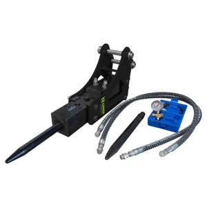 Zipper Abbruchhammer ZI-MBGS850DH schwarz mit Meißel, Hydraulikschläuchen und Manometer für Baumaschinen.