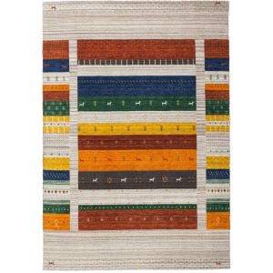 Handgewebter Wollteppich Bhutan Natur, 160x230 cm. Detailreiches Design mit Streifen und Tiermotiven.
