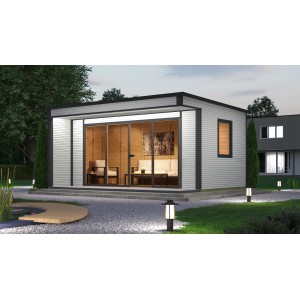 Modernes, graues Weka Designhaus Cubilis 4.0 mit Glasfront und WPC-Terrasse im Garten.