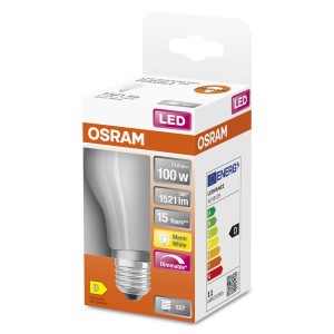 Osram LED-Lampe E27 in Glühlampenform, 11W, 1521lm, warmweiß, dimmbar, in Verpackung.