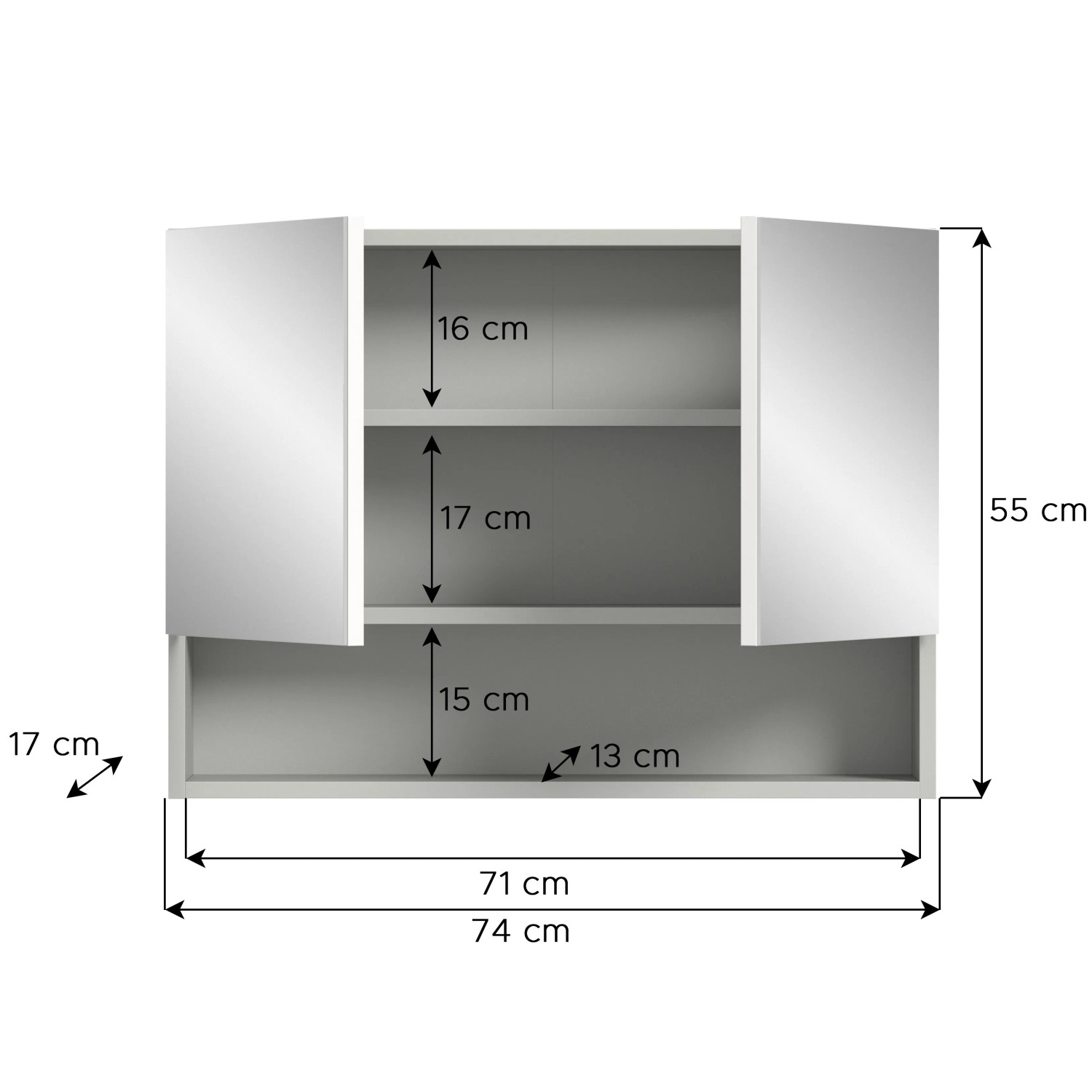 Hellgrauer Spiegelschrank (74x55x17cm) mit zwei Spiegeltüren und Innenfächern.