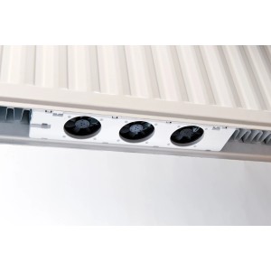 SpeedComfort Heizkörperventilator Mono-Set (50-70cm) unter Heizkörper montiert.