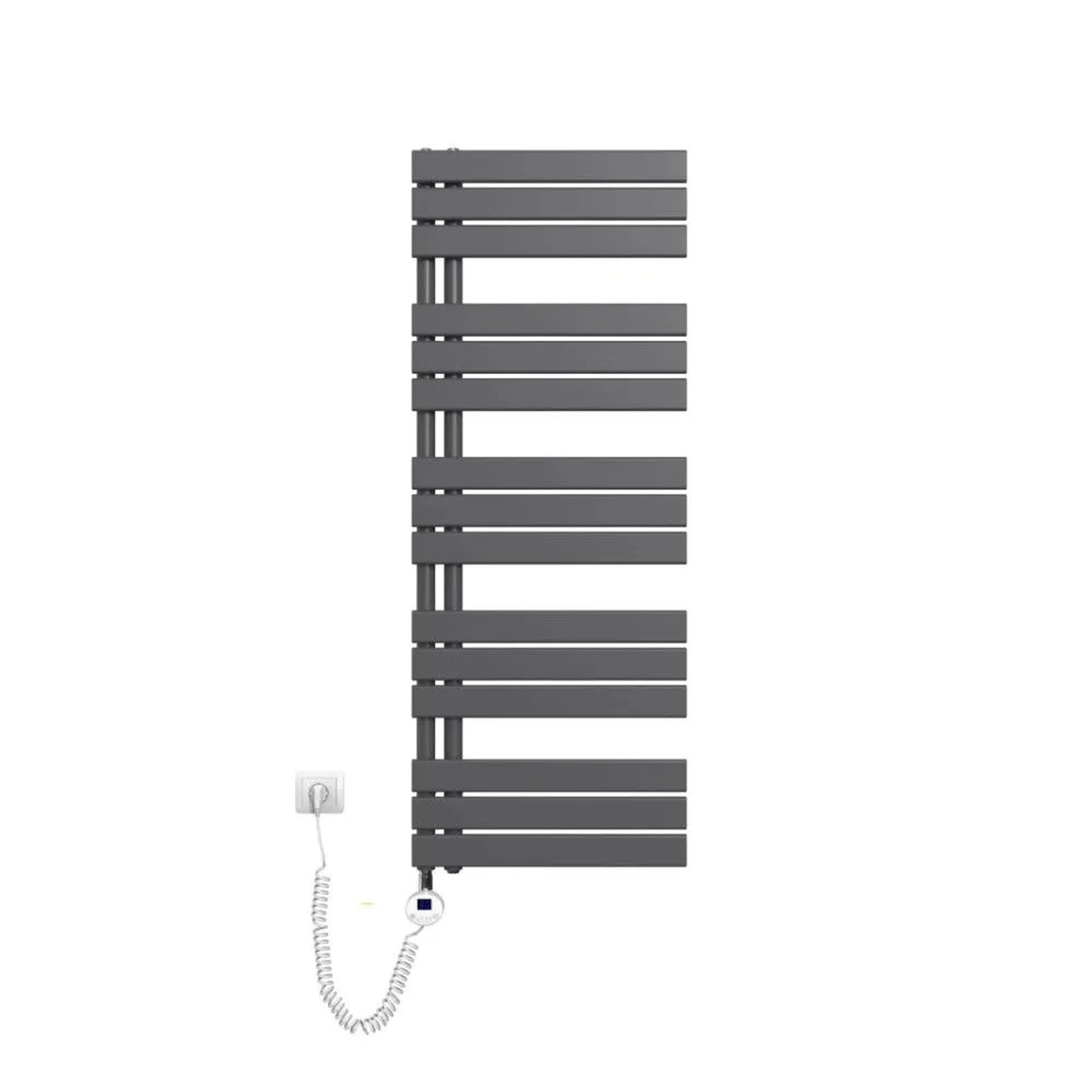 Vertikaler Emke Badheizkörper, anthrazit, 50x132cm, mit flachen Heizrohren, elektrischem Thermostat und Timer.