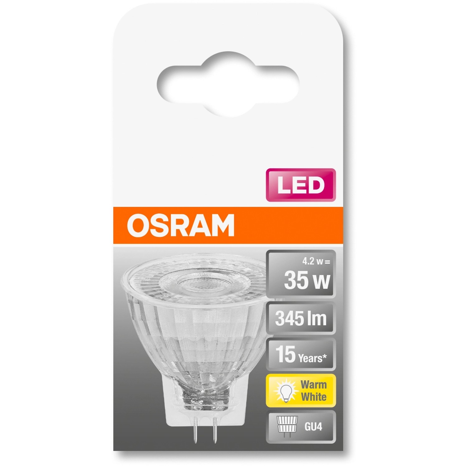 Osram GU4 LED-Leuchtmittel, 4,2W, warmweiß, 345 Lumen. Kompakte LED Lampe für Wohnräume.