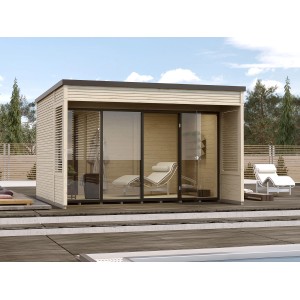 Unbehandeltes Weka Cubilis Holz-Gartenhaus mit Flachdach (388x380cm) neben Pool mit Liegen.
