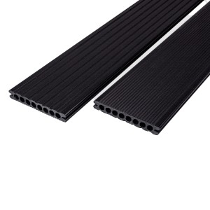 Rettenmeier WPC Terrassendielen in Anthrazit, geriffelt und genutet.