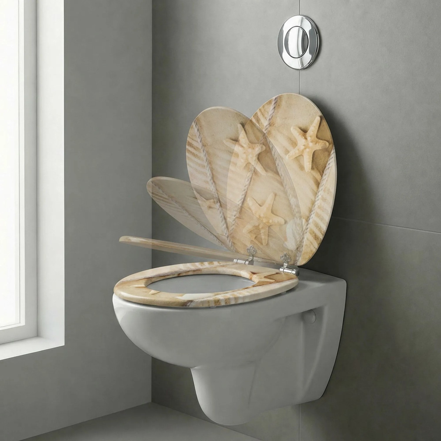 Ovaler Sinobath WC-Sitz mit maritimem Strand-Design, Seesternen und Absenkautomatik, schließt sanft.