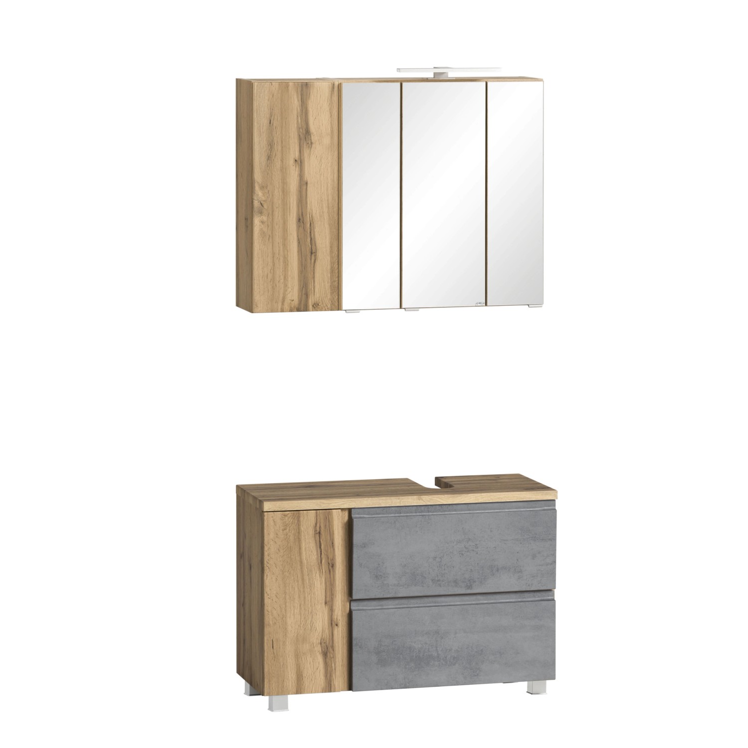 Held Möbel Badmöbel-Set Ancona, 85cm, Betongrau und Wotaneiche mit Spiegelschrank und Unterschrank.