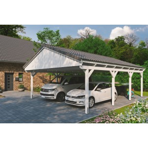 Weißer Skan Holz Doppelcarport Fichtelberg mit zwei geparkten Autos.