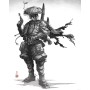 Schwarz-weißes Star Wars Wandbild: Samurai Bounty Hunter mit Hut und Waffen, 40x50 cm.