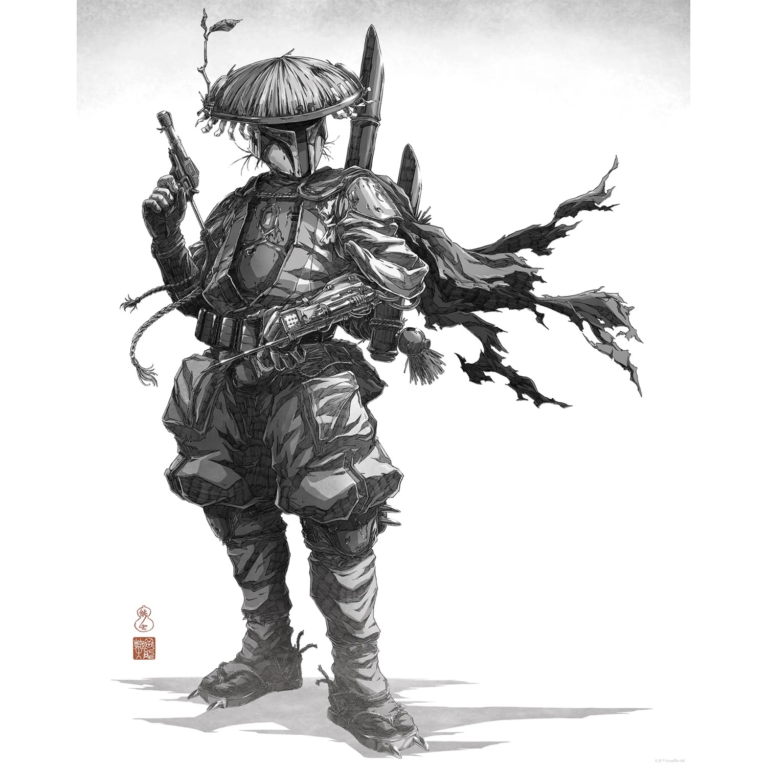 Schwarz-weißes Star Wars Wandbild: Samurai Bounty Hunter mit Hut und Waffen, 40x50 cm.