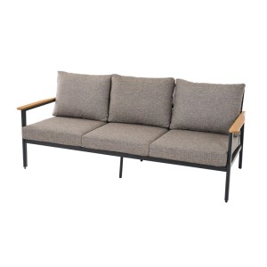 Siena Garden Loungeset Liguria, 3-Sitzer Sofa in Anthrazitgrau mit Teakholz Armlehnen und grauen Kissen.