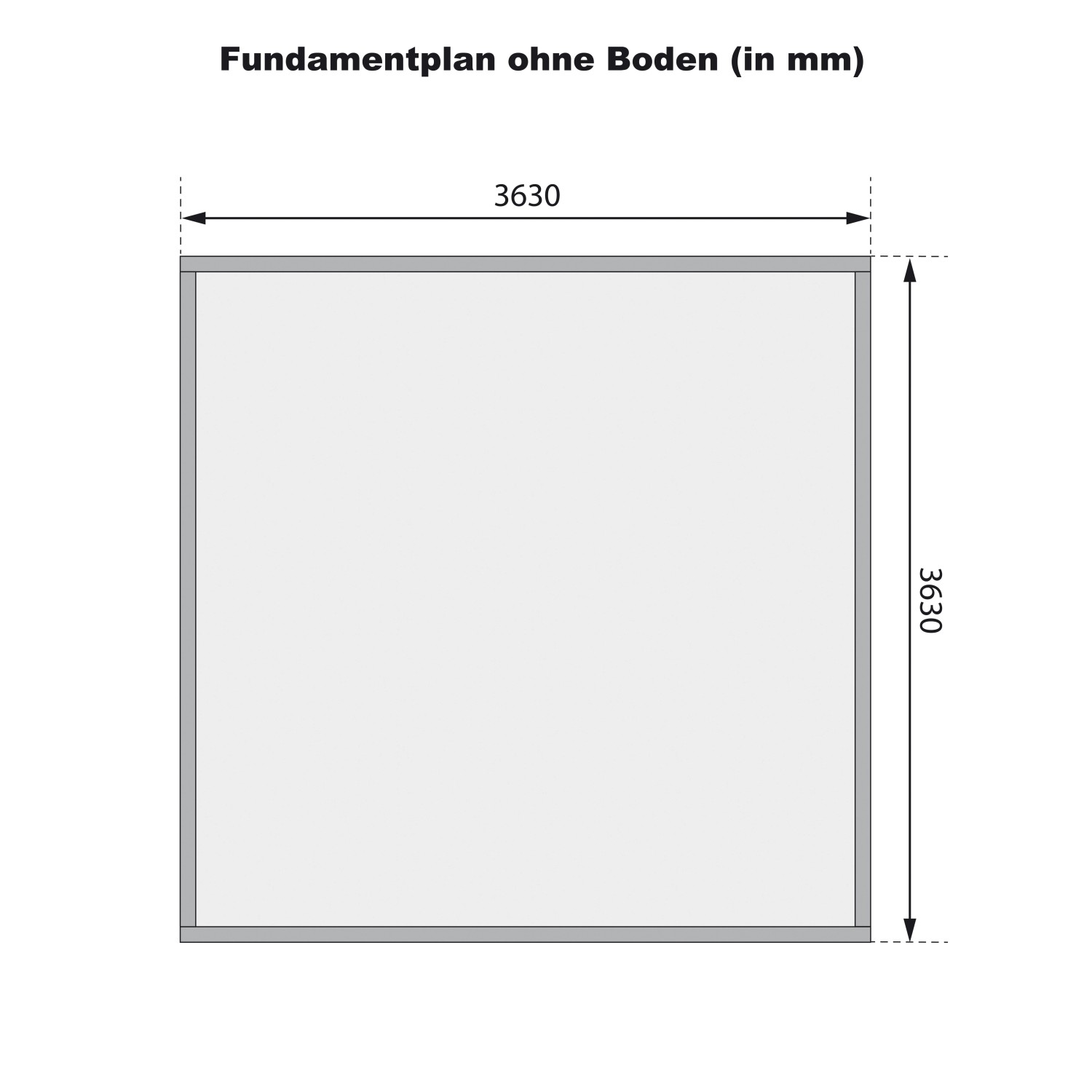 Fundamentplan des Karibu Saunahaus Magnus 3 Set A (3630x3630 mm) ohne Boden.