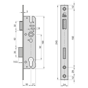 Skizze Basi Einsteckschloss ES 958, Lochung PZW, Stulp 24mm, Dornmaß 30mm mit Maßangaben.