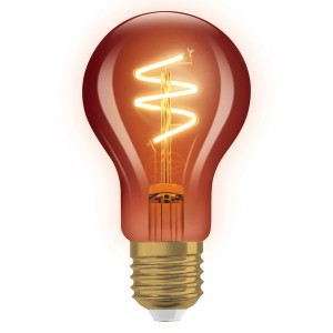 Osram LED-Lampe E27 in Glühbirnenform A60 mit Spiralfilament, 3W, 1800K. Kupferfarbenes Glasgehäuse.