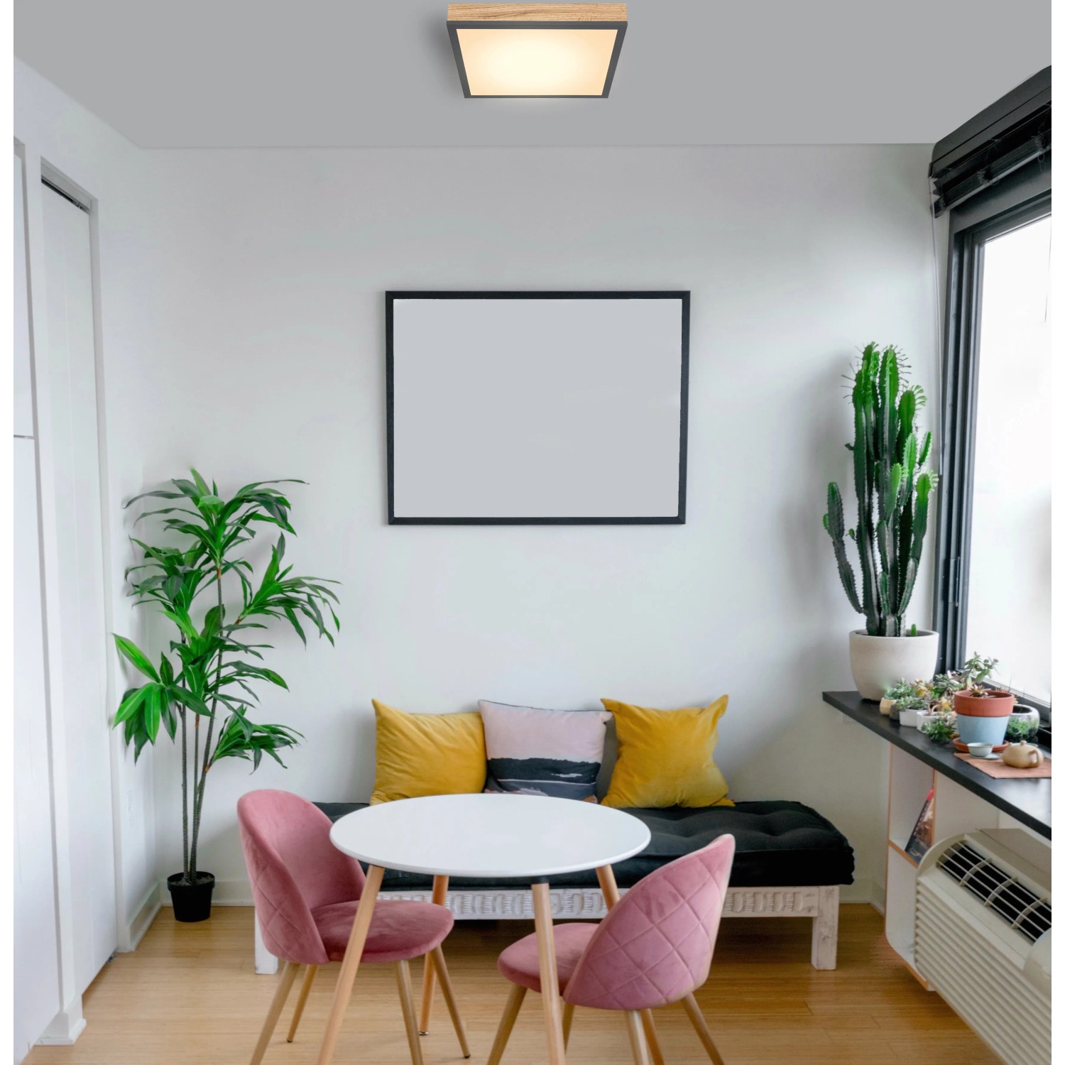 Quadratische LED Deckenleuchte Doro, 30 cm, Holz- und Graphitoptik, warmweißes Licht.