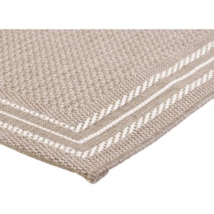 Teppich Tiana Taupe, 80x180 cm, Detailansicht. Flachgewebe mit Bordüre, geeignet für Innen- und Außenbereiche.