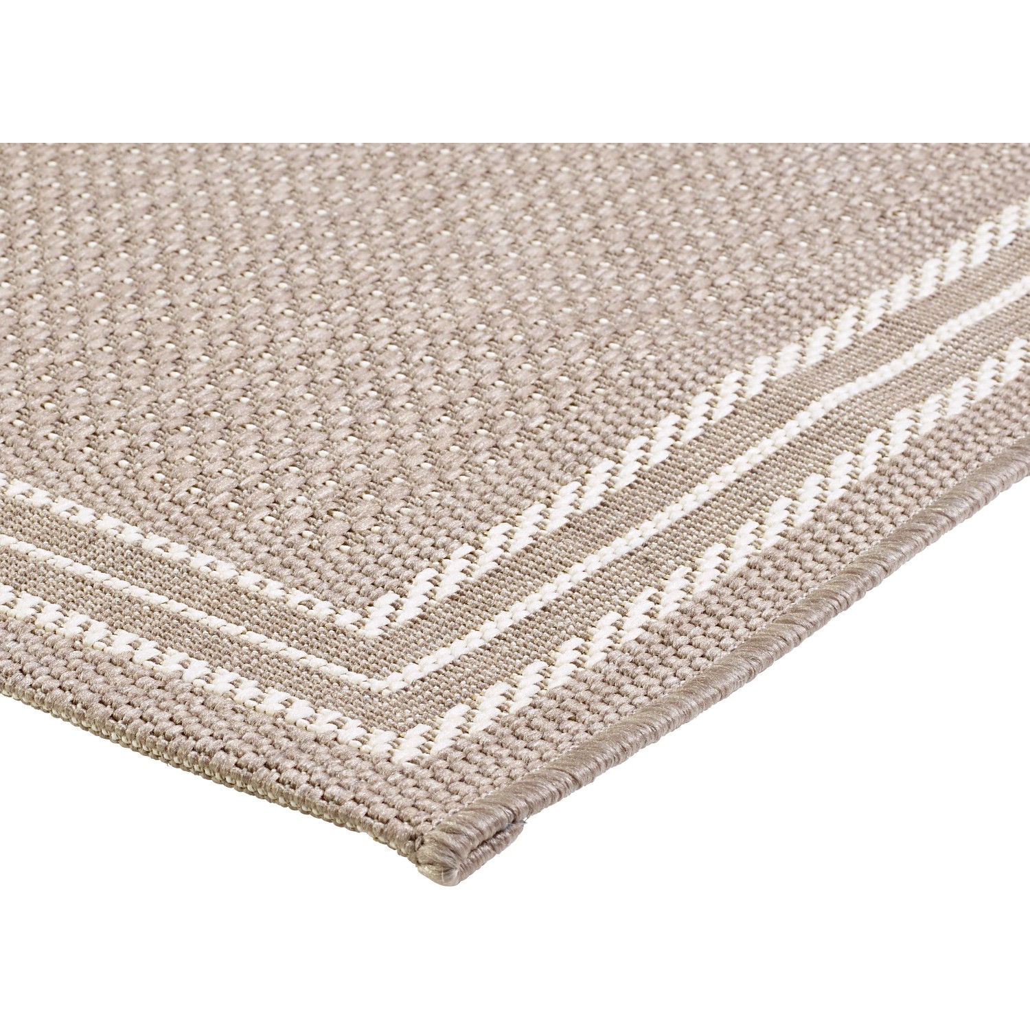 Teppich Tiana Taupe, 80x180 cm, Detailansicht. Flachgewebe mit Bordüre, geeignet für Innen- und Außenbereiche.