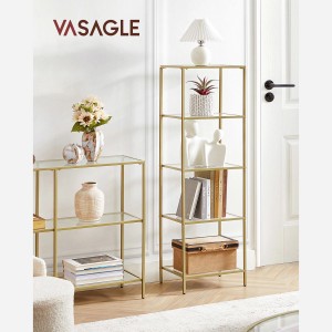 Vasagle Standregal mit 5 Ablagen, goldener Rahmen, Glasböden. Ideal für Wohnzimmer, Büro oder Schlafzimmer.