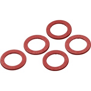 Fünf rote Fiberdichtungen, Ø 12 mm x Ø 18 mm, für Rohrleitungen und Armaturen.