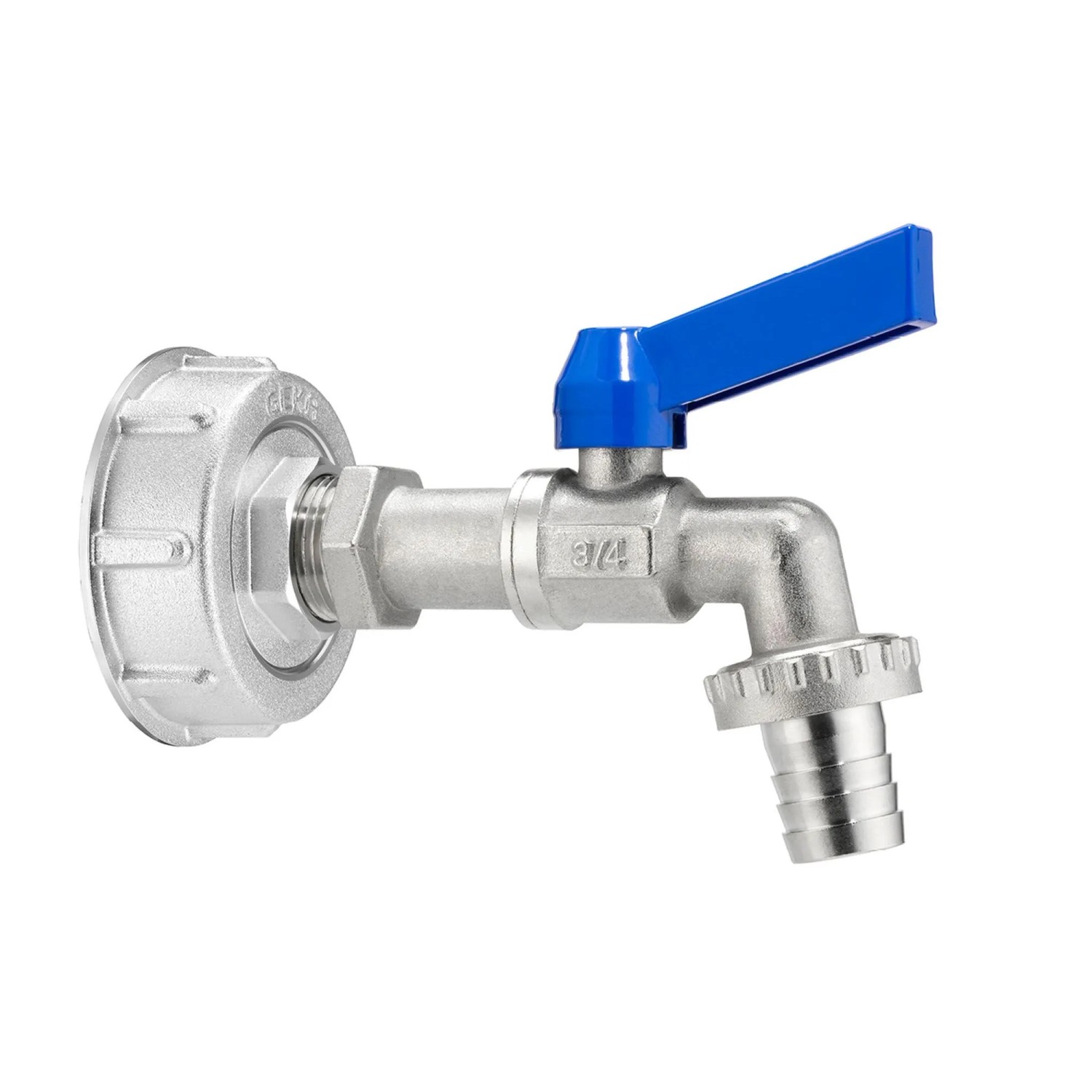 GEKA plus IBC Adapter Set mit Kugelhahn und blauem Griff für Regentonnen.