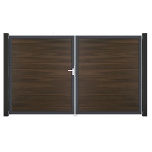 GroJa Solid Steckzaun Tor, DIN links, Walnuss Dekor, 2-flügelig mit Beschlagset.