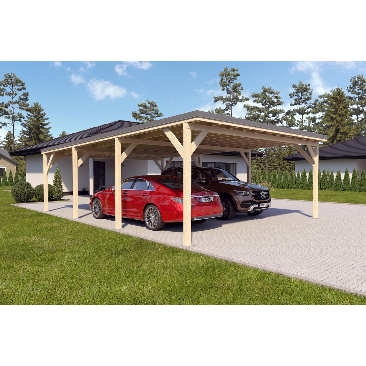 Holzbrüder Doppelcarport Ralf, imprägniert, mit dunkelgrauem Blechdach und zwei geparkten Autos.