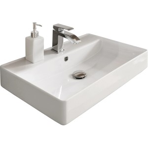 Fackelmann Aufsatzwaschbecken Vaida, 61 cm, Keramik, weiß, mit Armatur und Seifenspender.