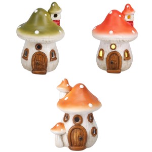 Dekorative Terrakotta Deko-Pilze mit LED-Licht, mehrfarbig sortiert. Pilzhaus-Figuren in Grün, Rot, Orange mit Punkten.