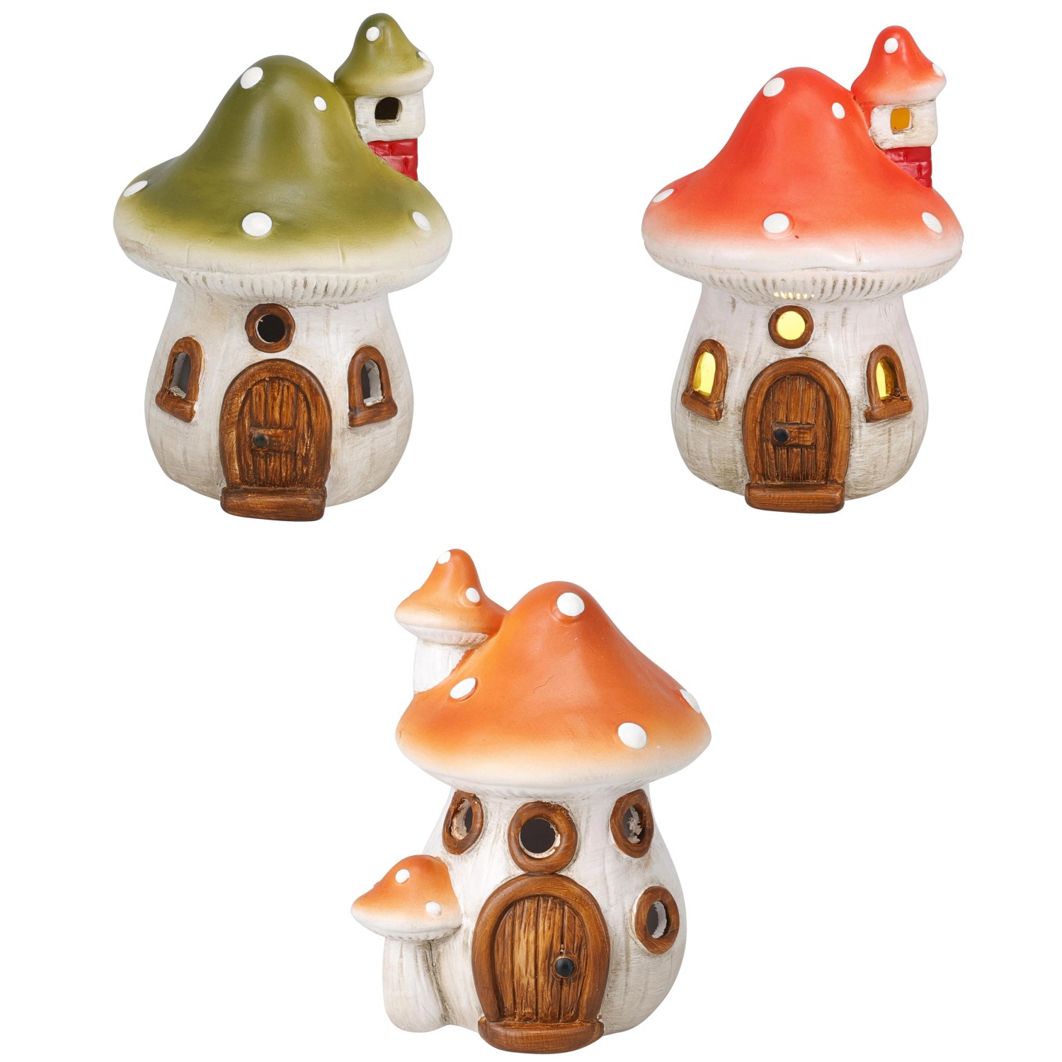 Dekorative Terrakotta Deko-Pilze mit LED-Licht, mehrfarbig sortiert. Pilzhaus-Figuren in Grün, Rot, Orange mit Punkten.