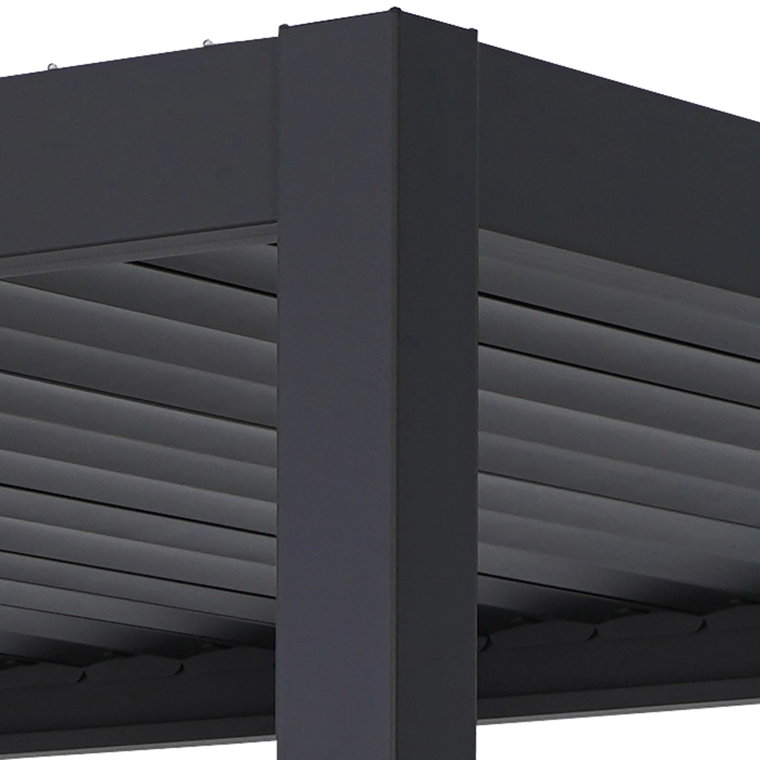Detailansicht der anthrazitfarbenen Pergola Mirador Premium (3x4m) mit Aluminium-Lamellen.