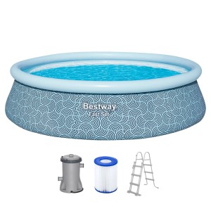 Bestway Fast Set Pool Ø457x107 cm mit Grafikdesign, Filterpumpe und Leiter.