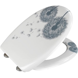 Wenko WC-Sitz Astera mit Absenkautomatik, weiß-graues Pusteblumen-Design.