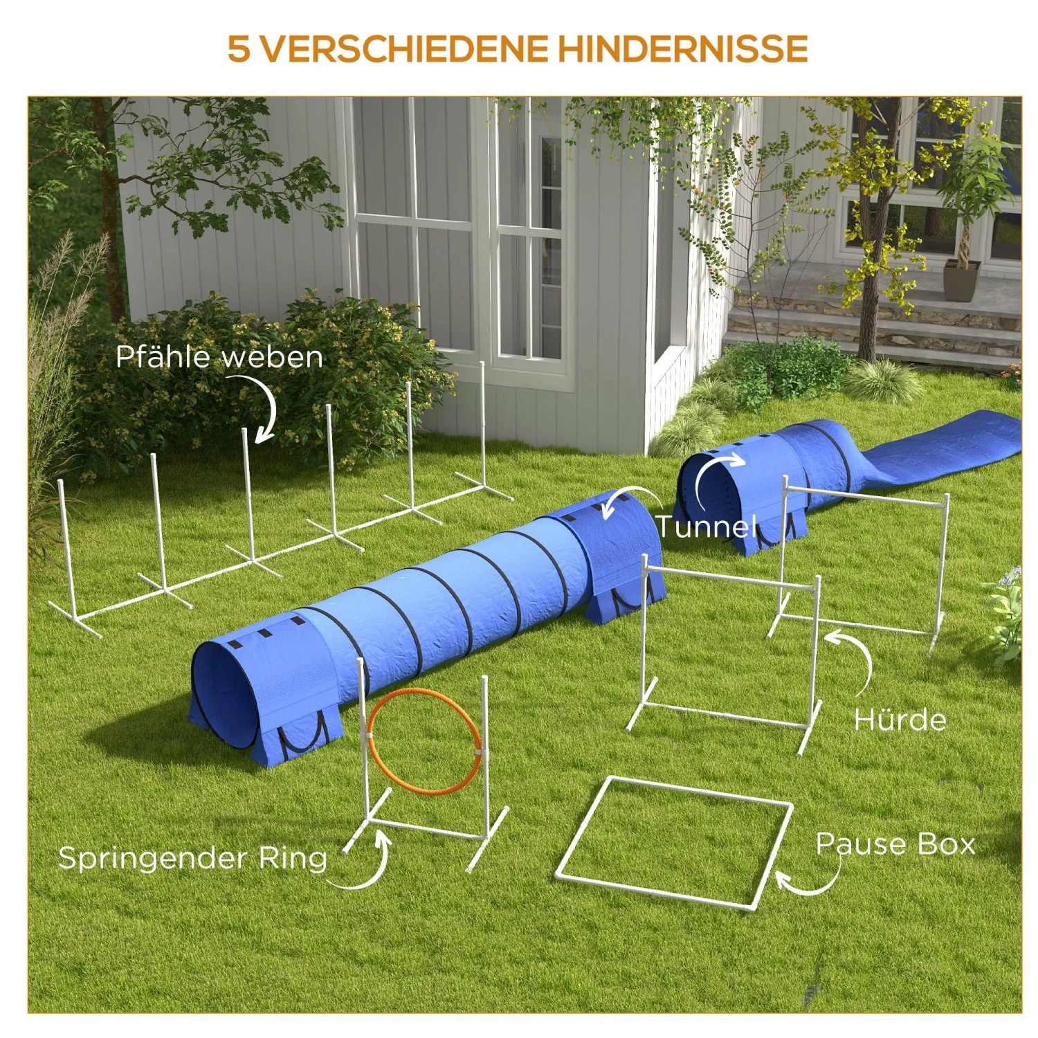 PawHut Hunde Agility Set mit blauem Tunnel, weißen Slalomstangen, Hürde, Sprungring und Pausenbox auf Rasen.