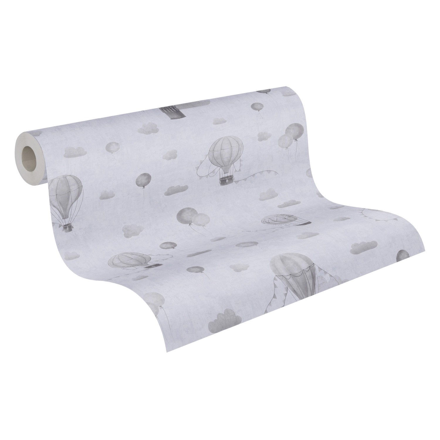 Graue A.S. Creation Vliestapete mit Ballons und Wolken, geeignet für Kinderzimmer.