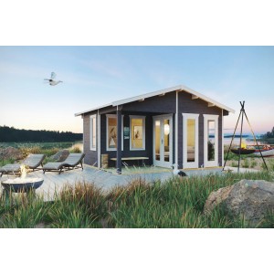 Schiefergraues Skan Holz Gartenhaus Utrecht (460x380cm) mit Terrasse in idyllischer Umgebung.