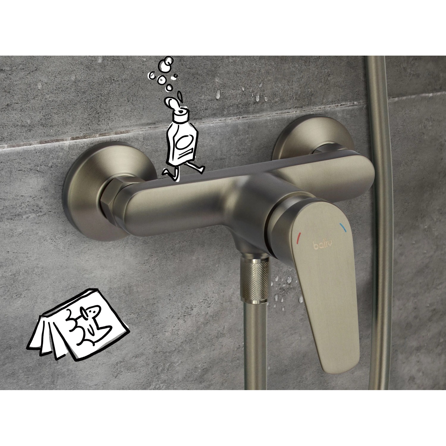 Moderne baliv Duscharmatur DU-5900 Gunmetal. Einhebelmischer an grauer Wand, mit Brauseschlauchanschluss.