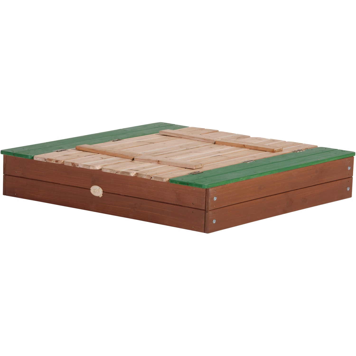 Geschlossener, braun-grüner Axi Ella XL Sandkasten aus Holz, 120x120x20 cm.