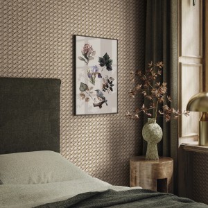 Beige Vliestapete mit Geflecht-Muster in Holzoptik von Marburg im Schlafzimmer.