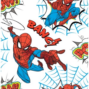 Papiertapete mit Spiderman Motiv in Blau-Weiß. Dekorative Tapete für Kinderzimmer.