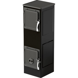 Schwarzer Werkstattofen aus Stahl mit zwei Türen und silbernen Griffen.