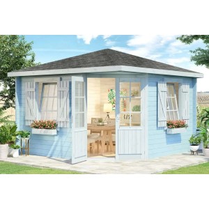 Blaues Alpholz Gartenhaus Monica Royal mit Spitzdach und geöffneten Türen.