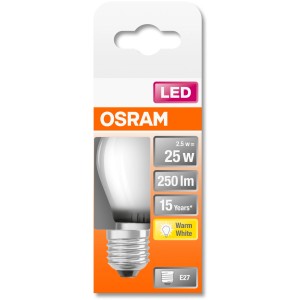 Osram LED-Leuchtmittel E27 Tropfenform, 2,5W, warmweiß im Karton.