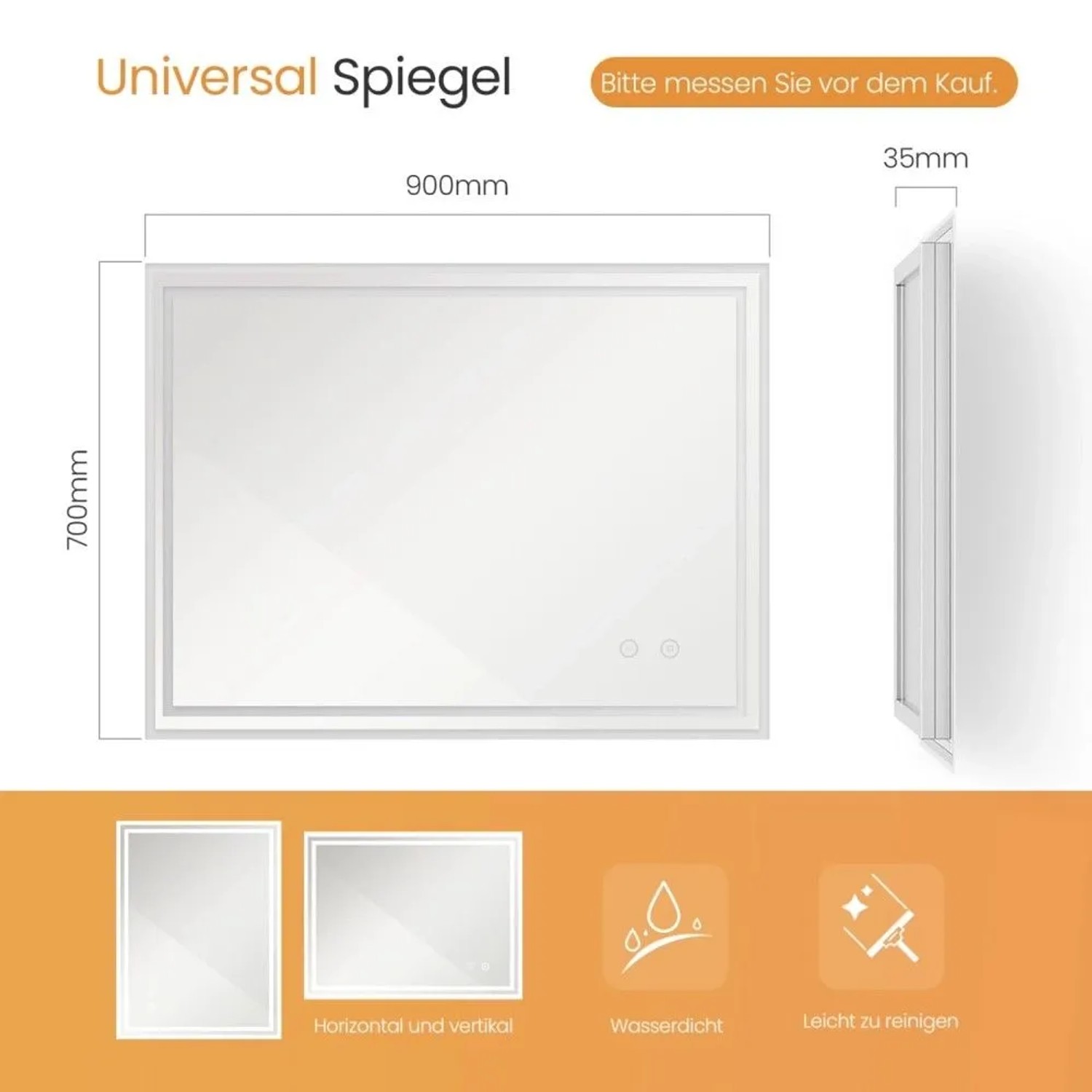 Emke Badspiegel mit Beleuchtung 90 x 70 cm LED-Spiegel mit Anti-Beschlag Touchschalter KaltweißLicht_5