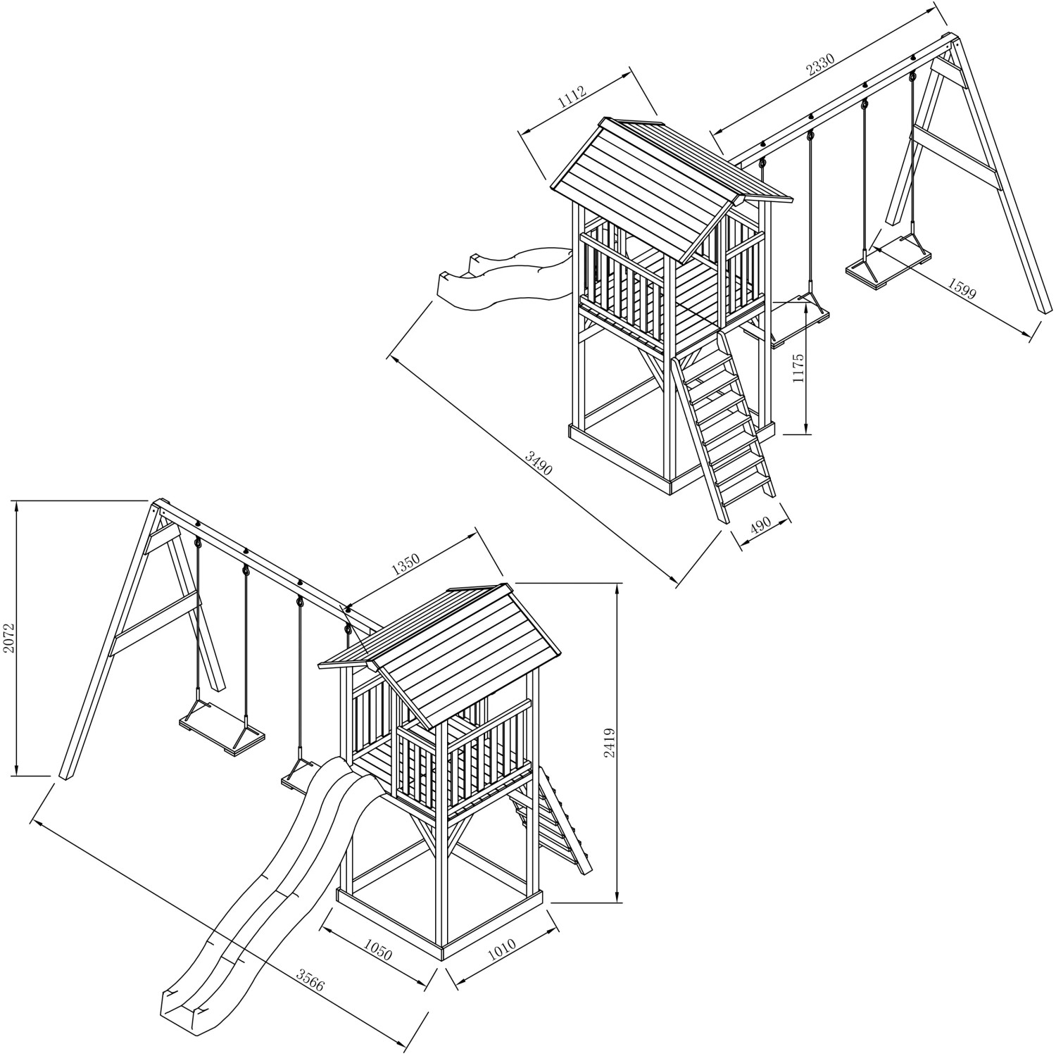 Detaillierte Strichzeichnung des Axi Beach Tower Spielturms mit Doppelschaukel und Rutsche.