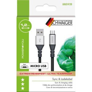 Schwaiger Micro USB Kabel, 1,2m, schwarz, zum Laden und Synchronisieren von Geräten.